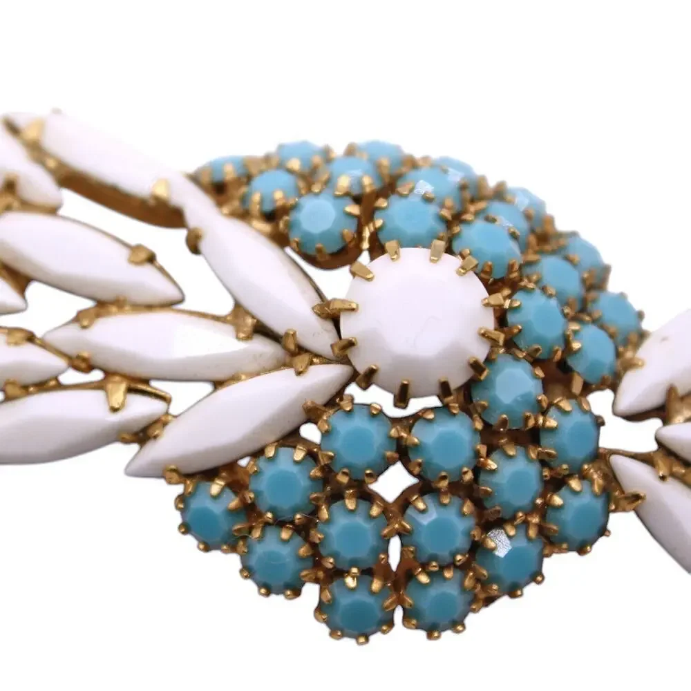Vintage Statement Pin Brooch Prong Set Faceted White and Turquoise 3
